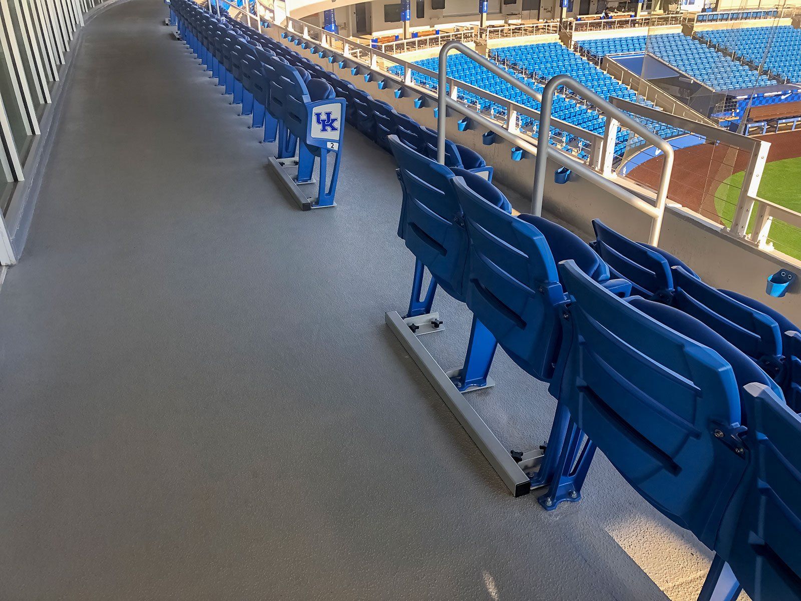 Blue Interkal upholstered AURA Solid Stadium Chairs, and AURA Slat Stadium Chairs at the University of Kentucky stadium.