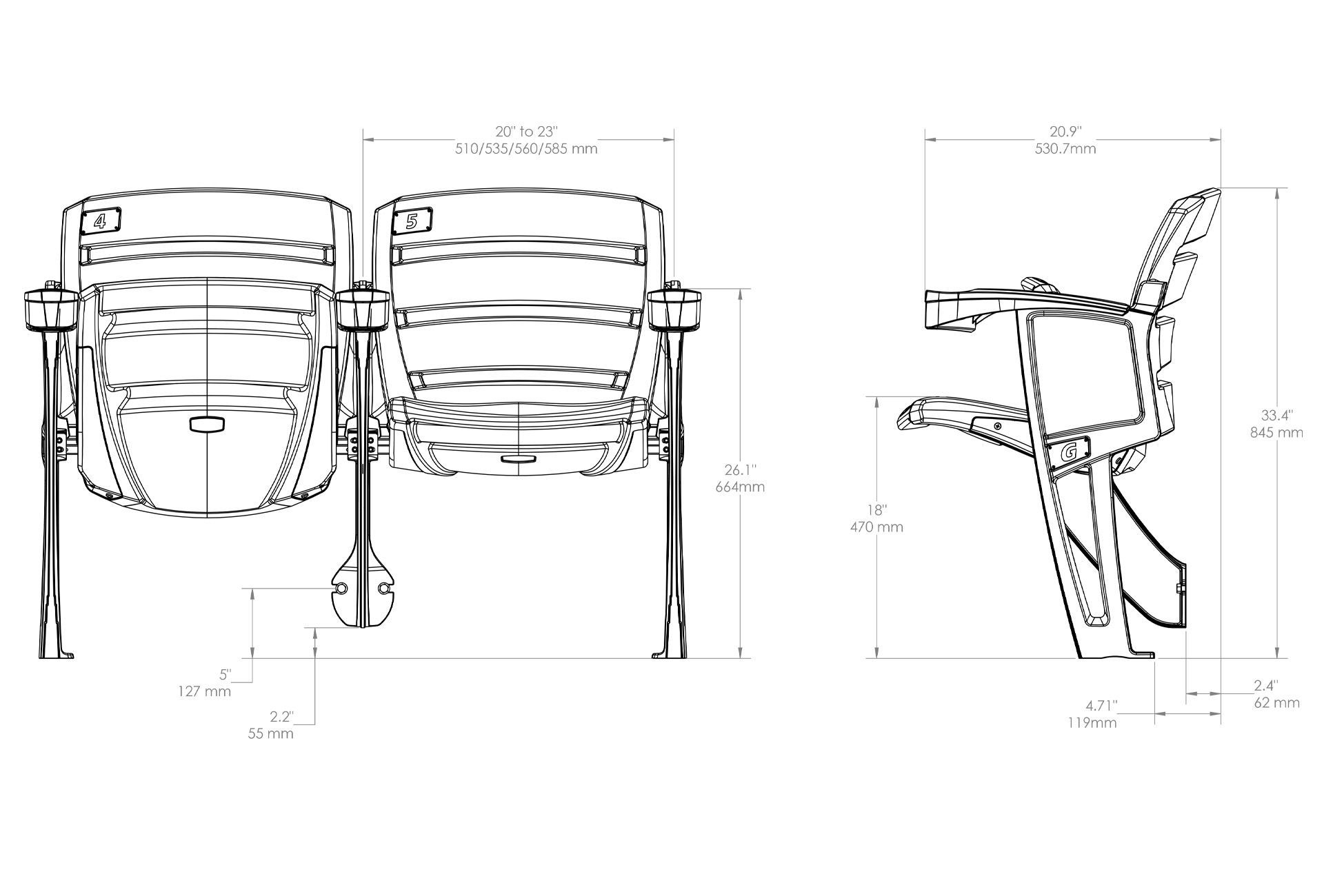 Engineering drawings for AURA Slat Stadium Chair with armrest cupholders