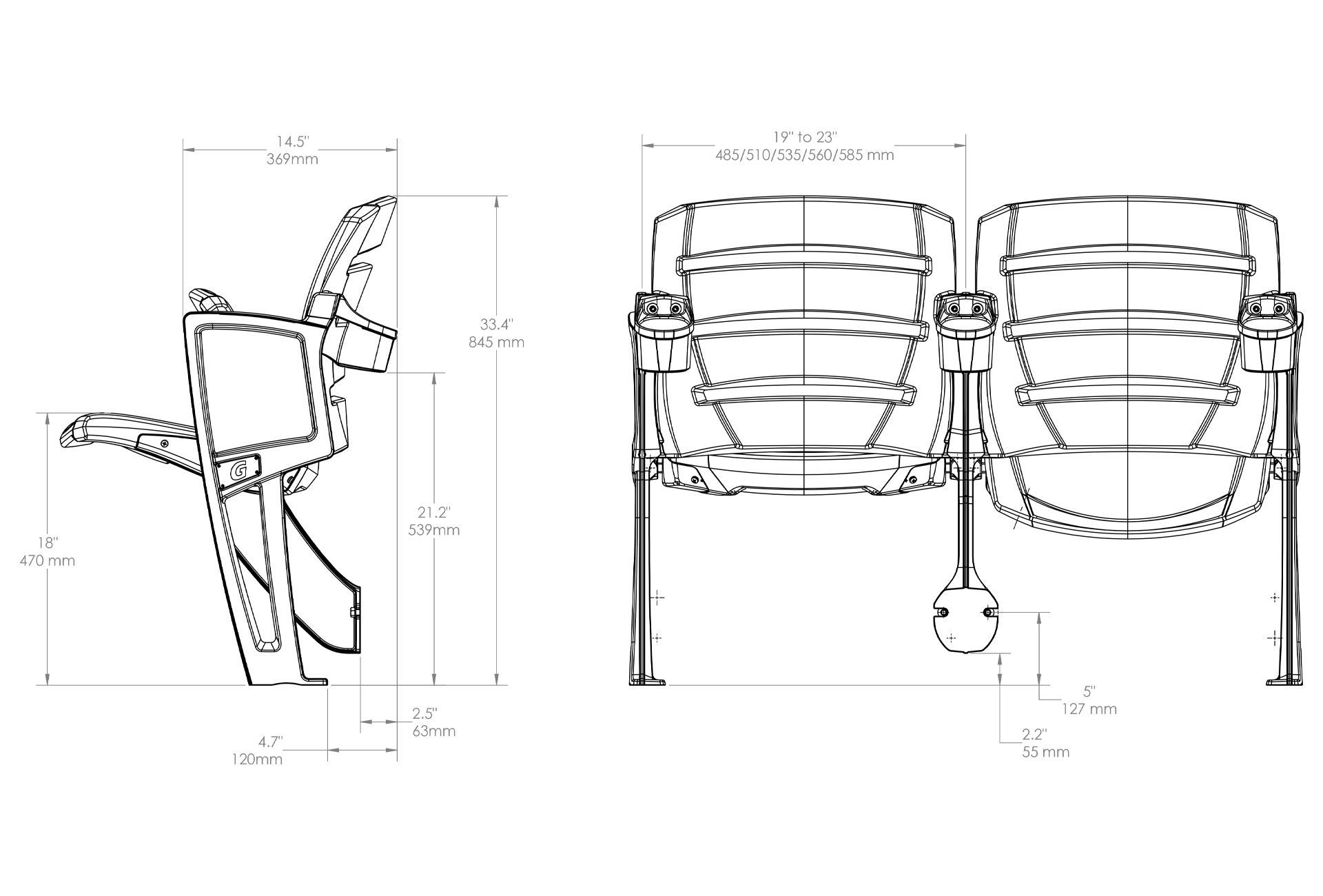 Engineering drawings of AURA Slat Stadium Chairs with rear cupholders