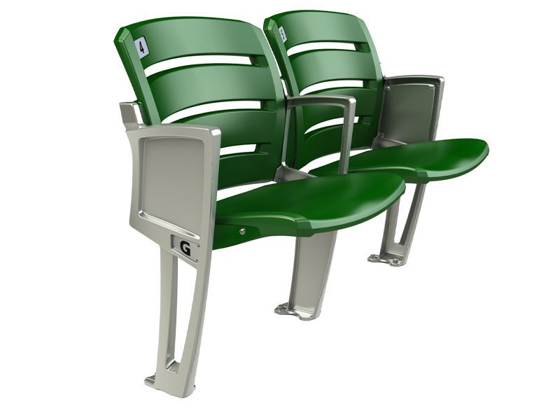 Three-Quarter view of Interkal AURA Slat Stadium Chair in green with grey stanchions