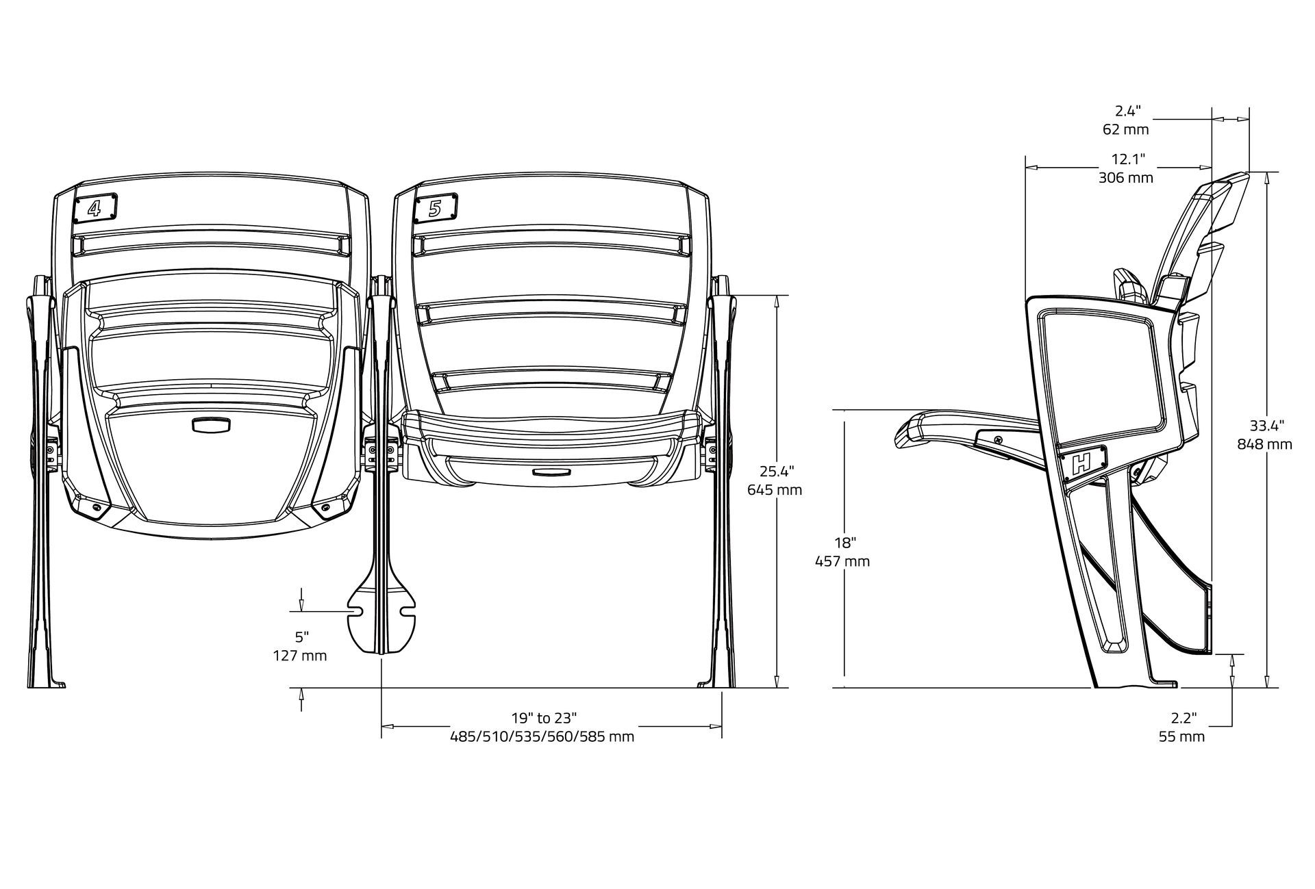 Black and white tech drawing for Interkal AURA Slat Stadium Seating.