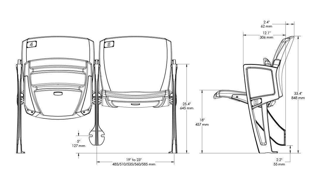 Black and white tech drawing of Interkal AURA Solid Stadium chair.