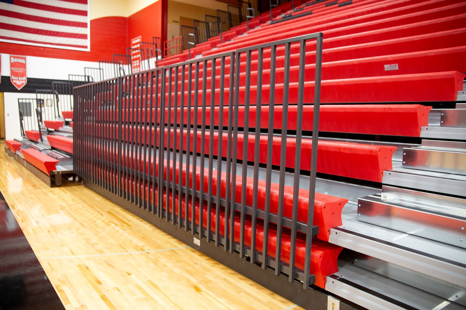 A photo of the EXCEL Seat Module telescopic bleacher installation at Bangor High School.