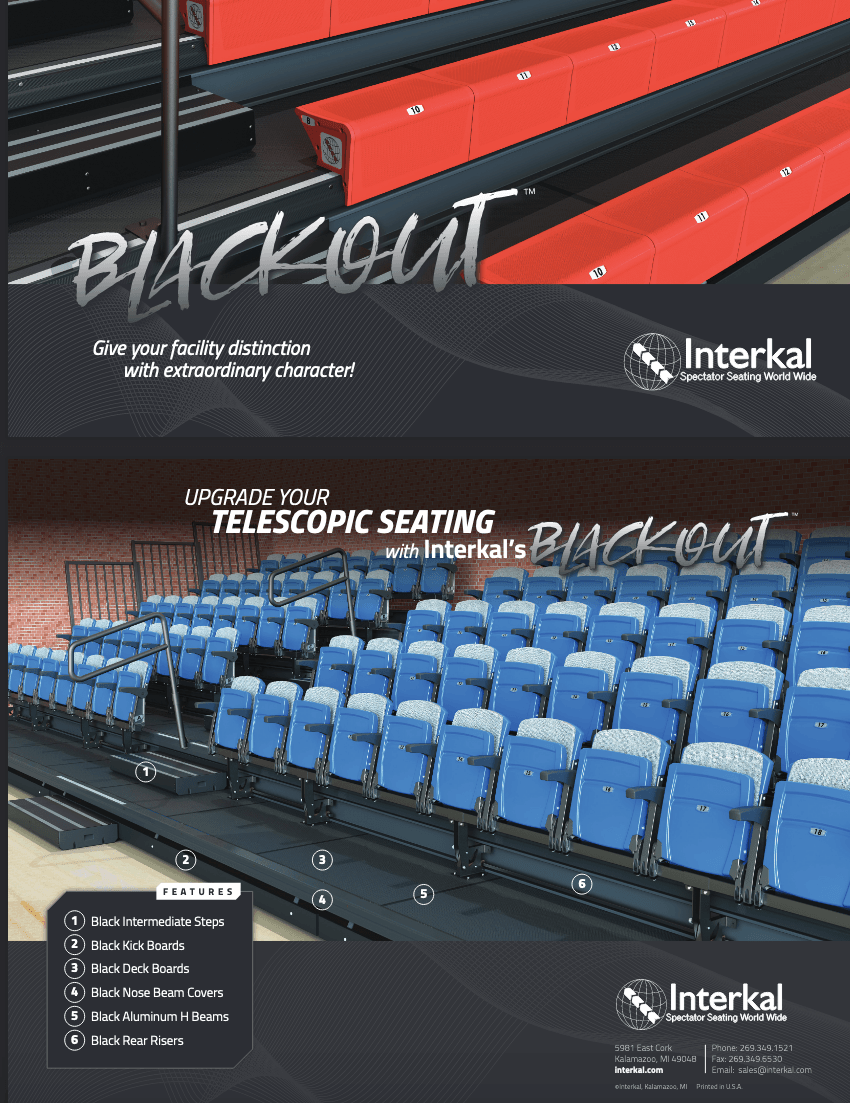 Interkal Blackout premium upgrade for telescopic bleachers brochure cover.