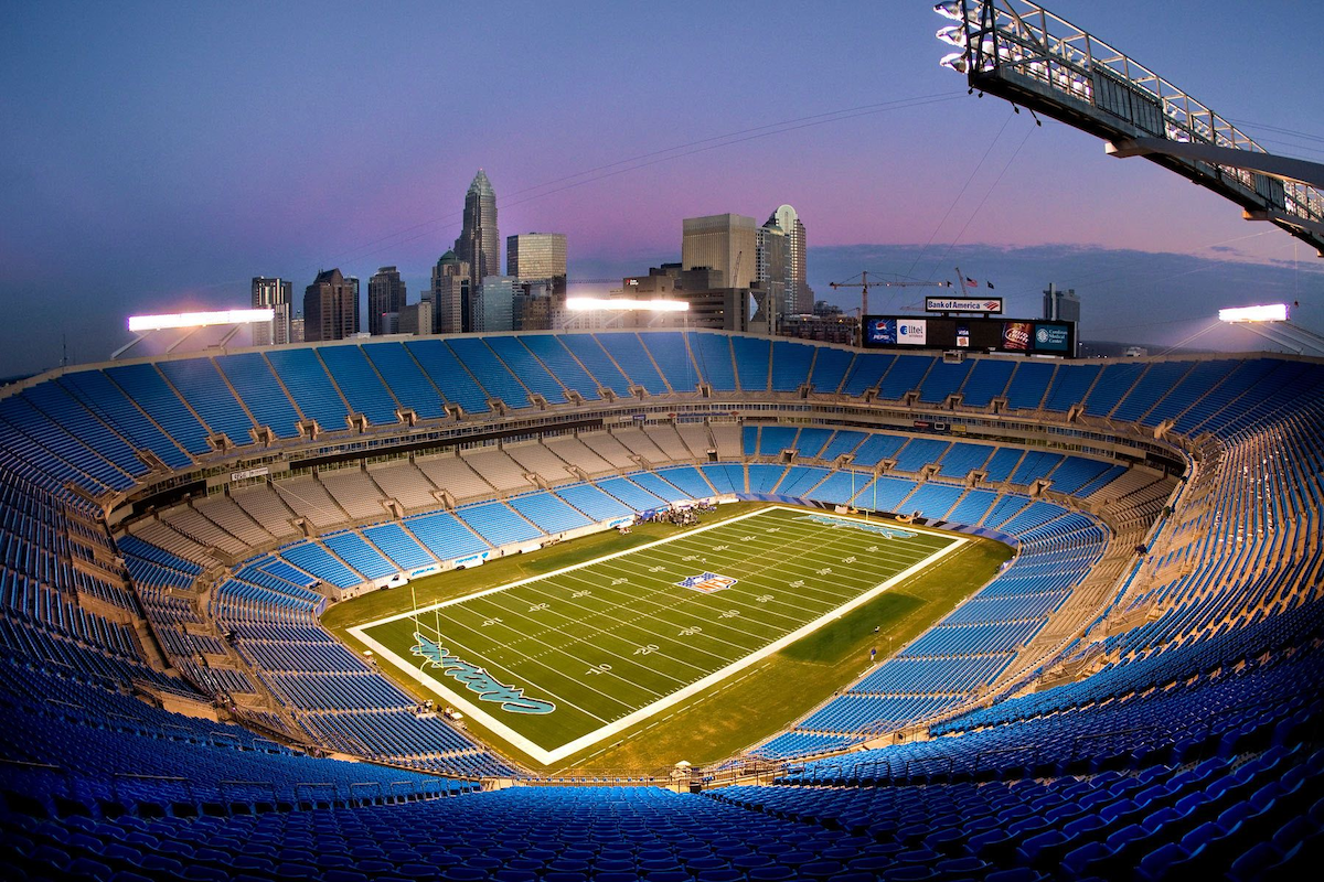 Thousands of blue Interkal AURA Solid Stadium Chairs fill out the Carolina Panthers Stadium.