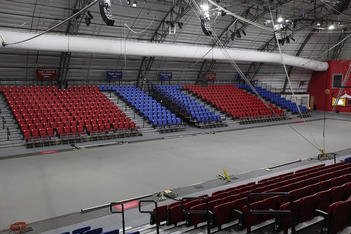 Red, Blue Interkal VISION Platform Chairs on a Wide Deck Premier Platform at the Circus Arts Conservatory in Florida.