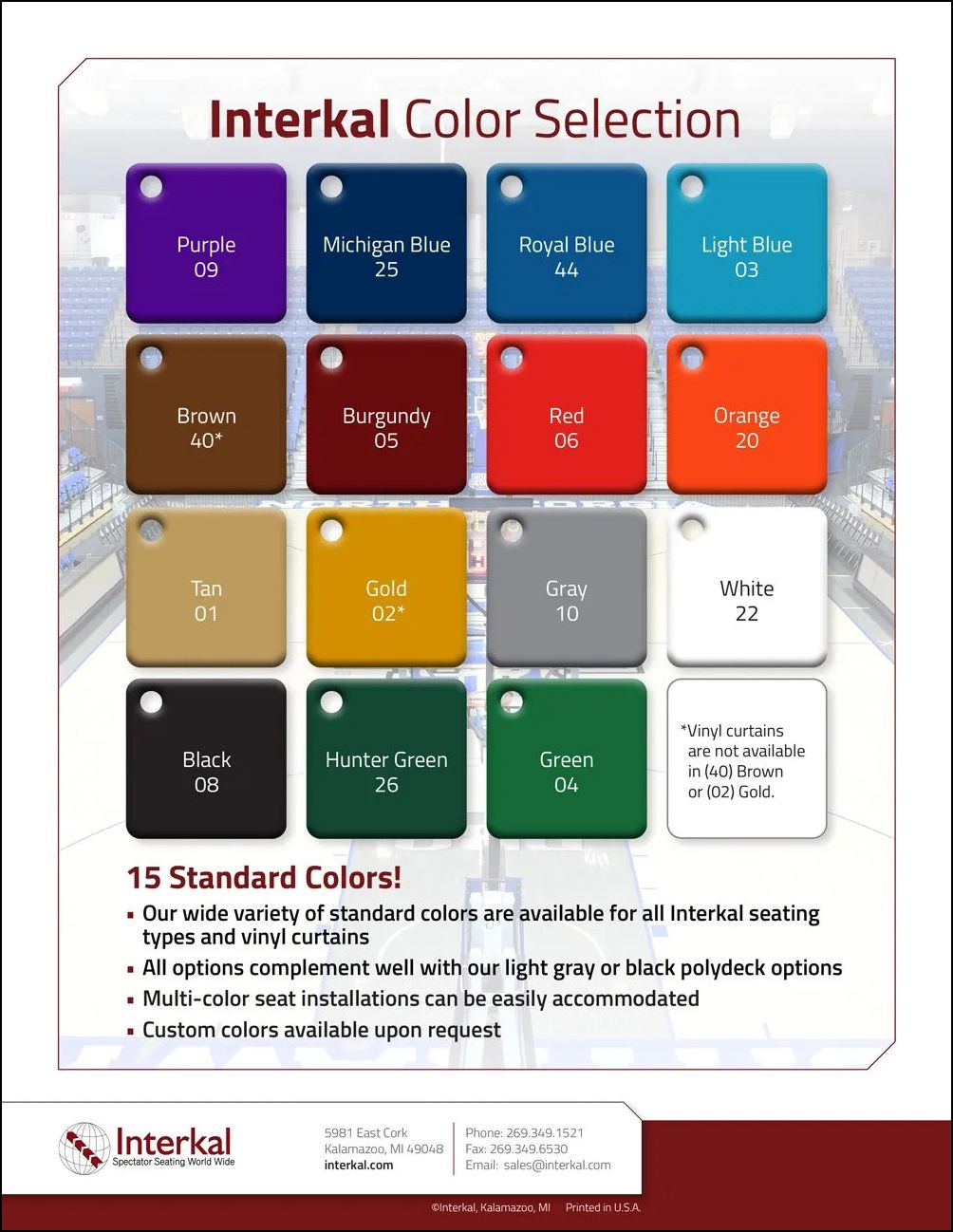 Interkal Color Chip Selection brochure cover for telescopic bleacher seating