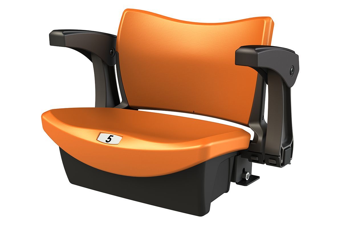 Three-quarter image of POLARIS multi-purpose seat in orange with armrests