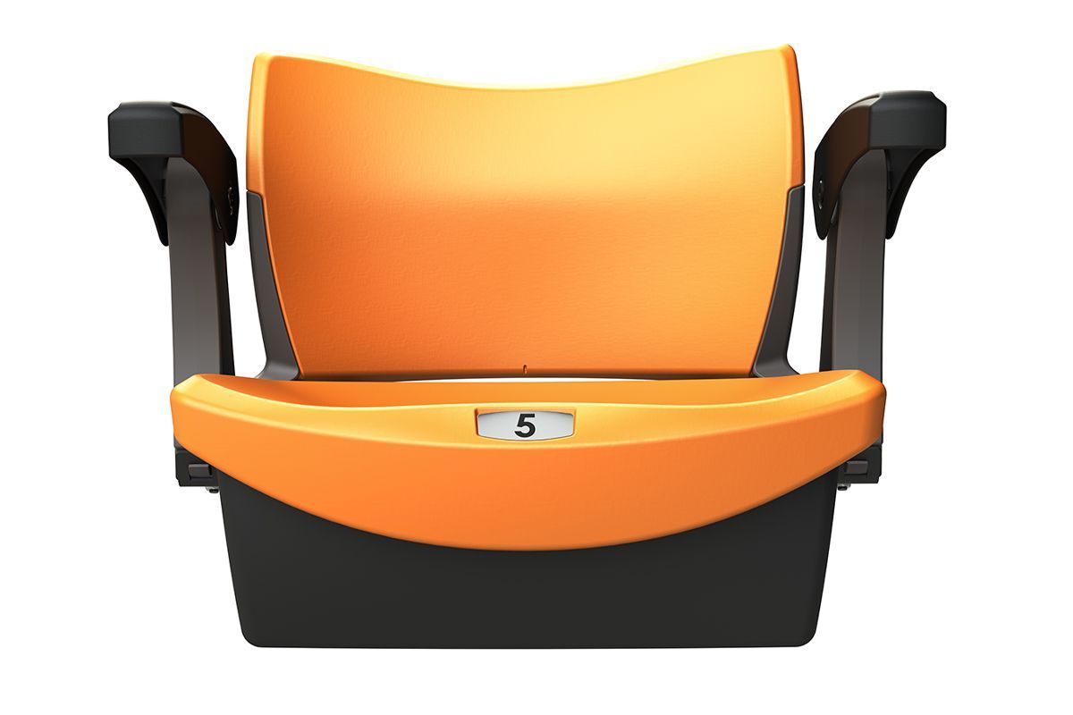 Straight shot of POLARIS multi-purpose seat in orange with armrests