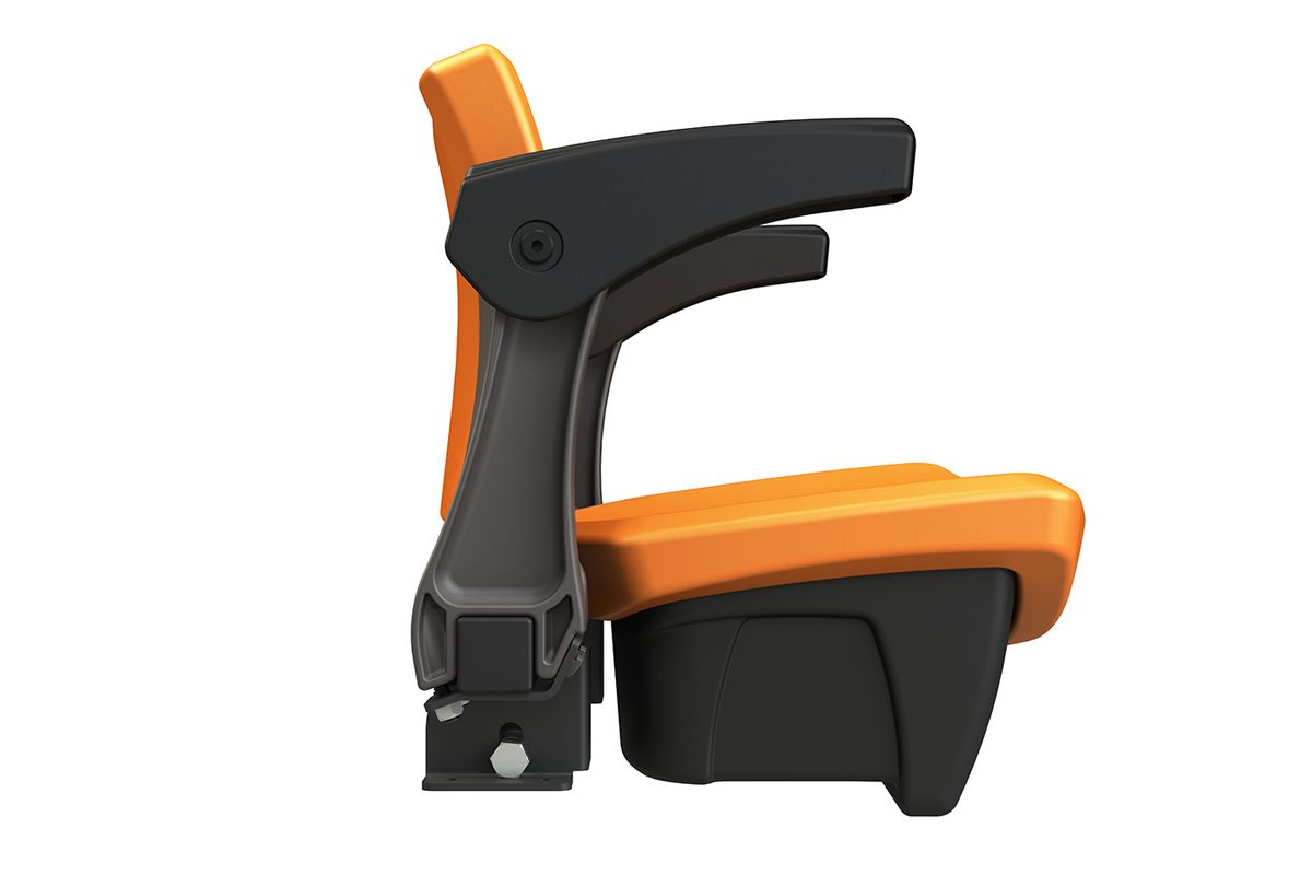 Side view of POLARIS multi-purpose seat in orange with armrests.