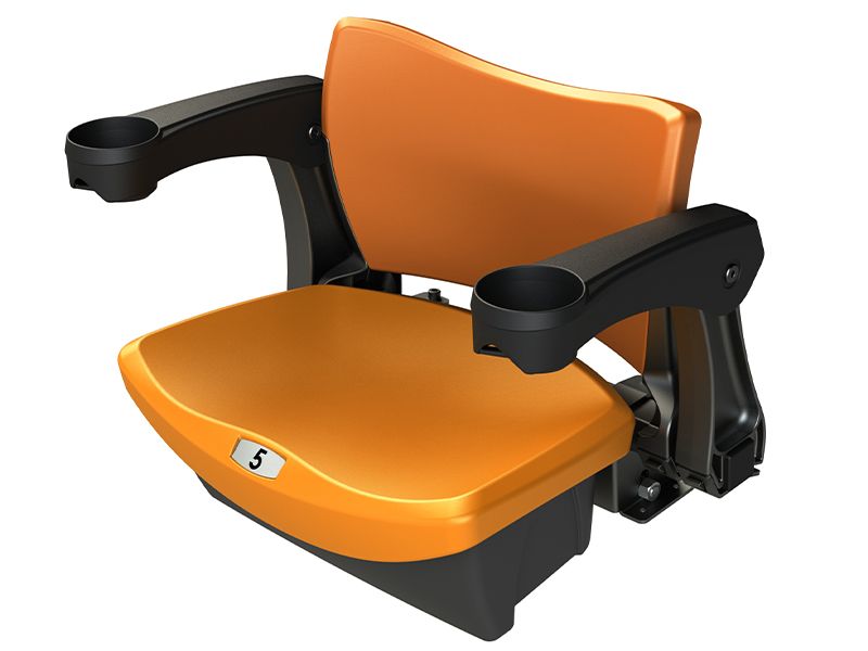 Dynamic three-quarter shot of POLARIS multi-purpose seat in orange with backrest and cupholder armrests.