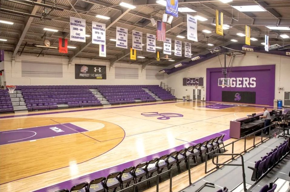 Purple Interkal VISION Platform Chairs on a wide deck premier platform in the gymnasium at Sewanee University.