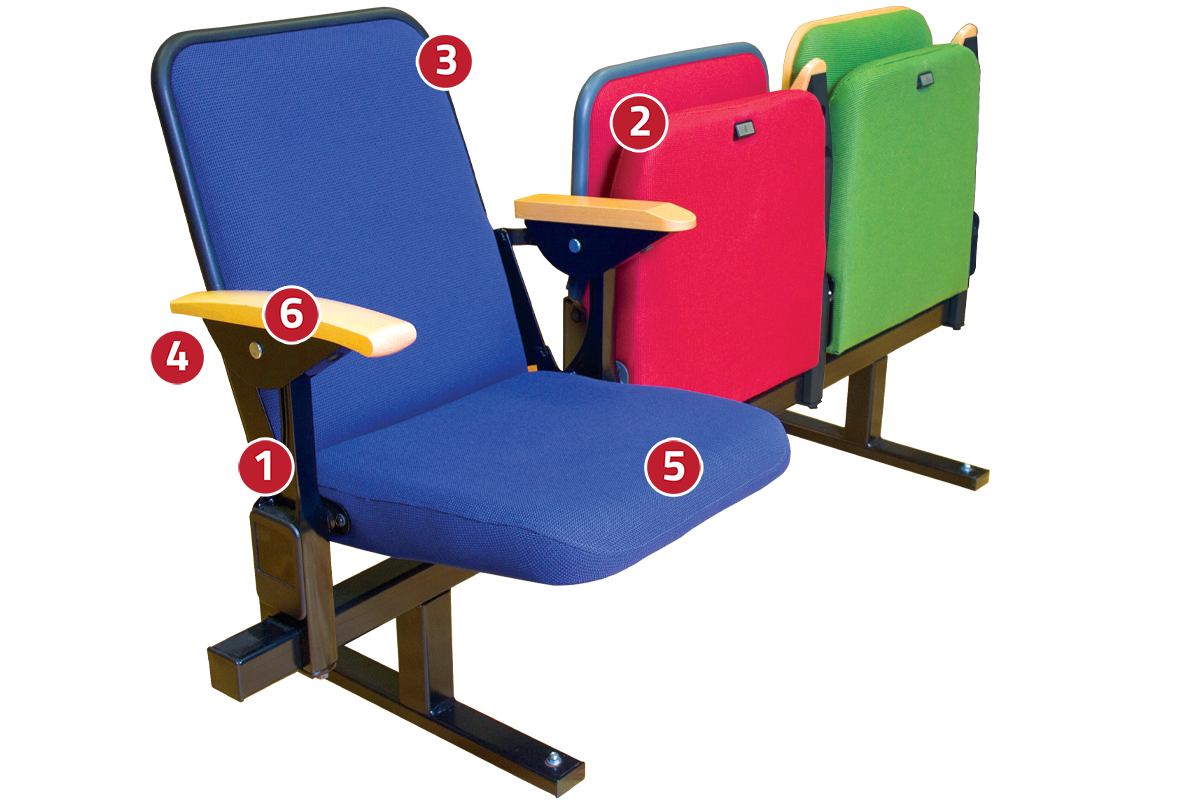 Three quarter image of UNITED Platform Chairs in blue, red and green with wooden armrests, with numbered areas to highlight specific features.