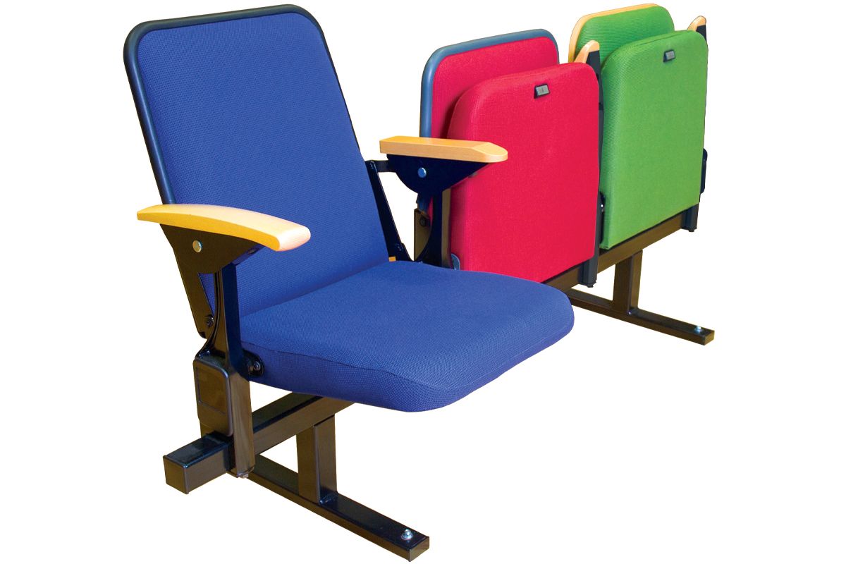 Three quarter image of UNITED Platform Chairs in blue, red and green with wooden armrests.