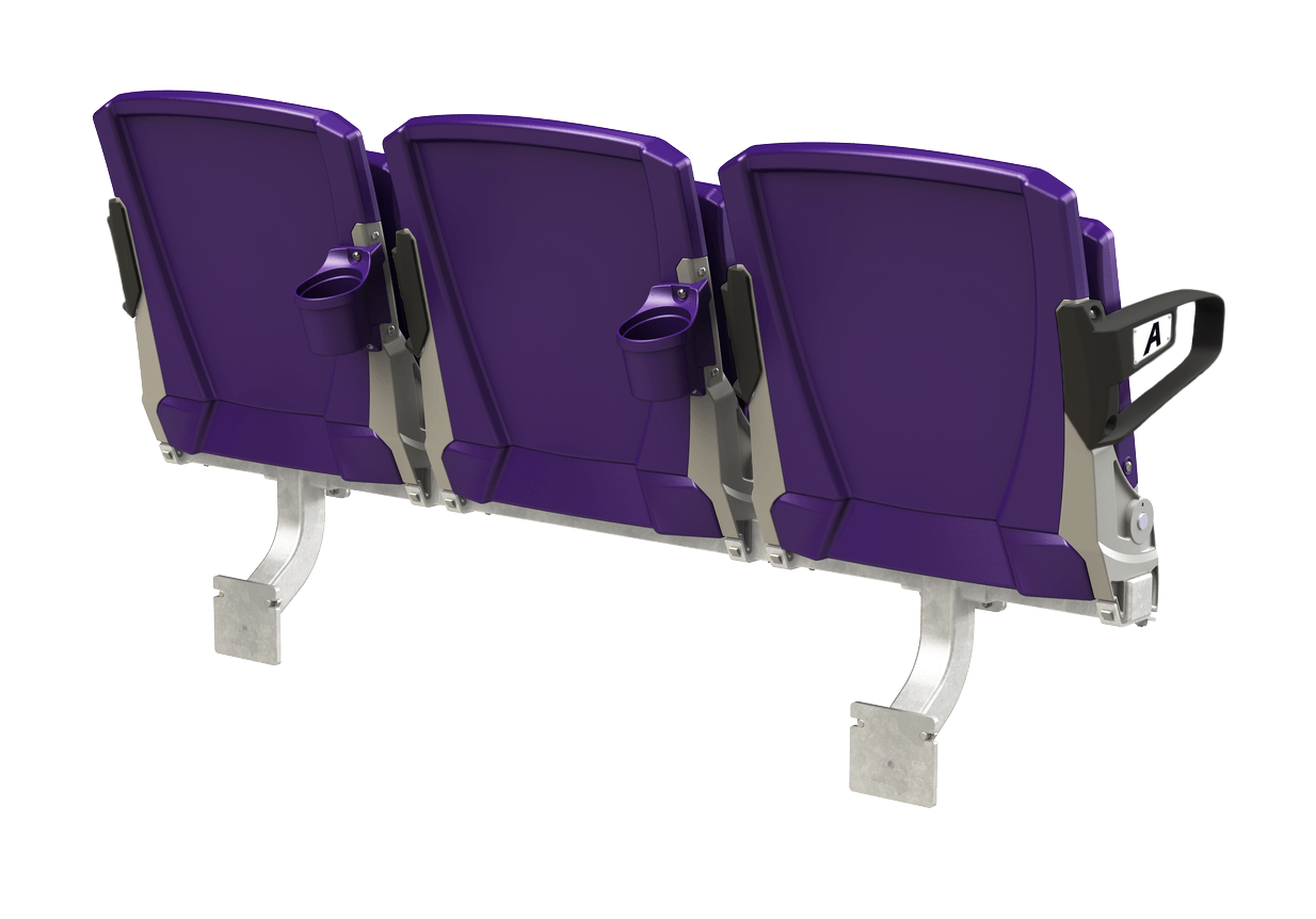 Rear image of purple VISION fixed chairs on riser mounts, with armrests and rear cupholders.