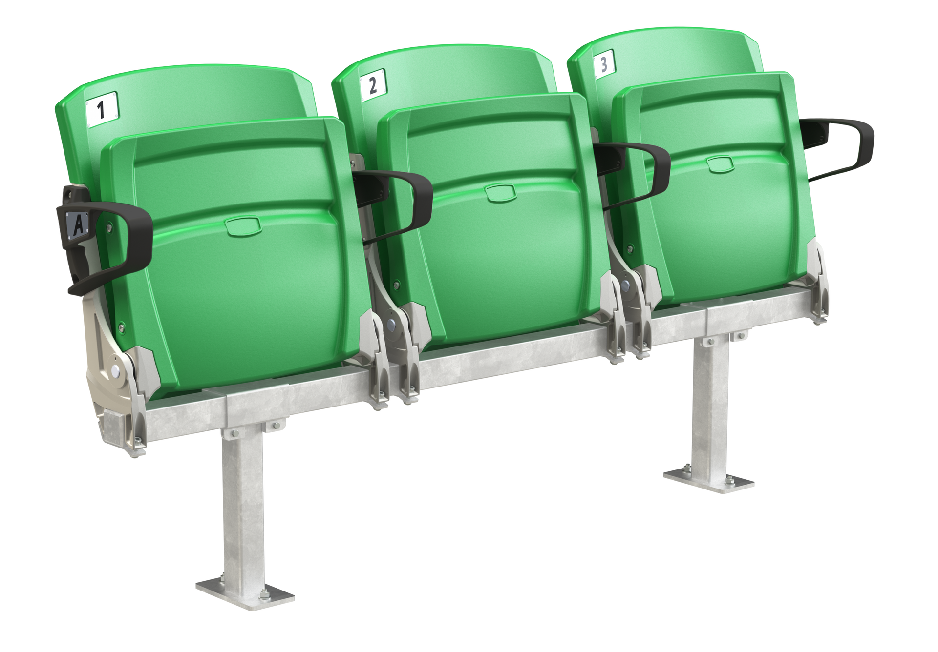 Three seat section of green VISION fixed chairs with armrests on a fixed base.