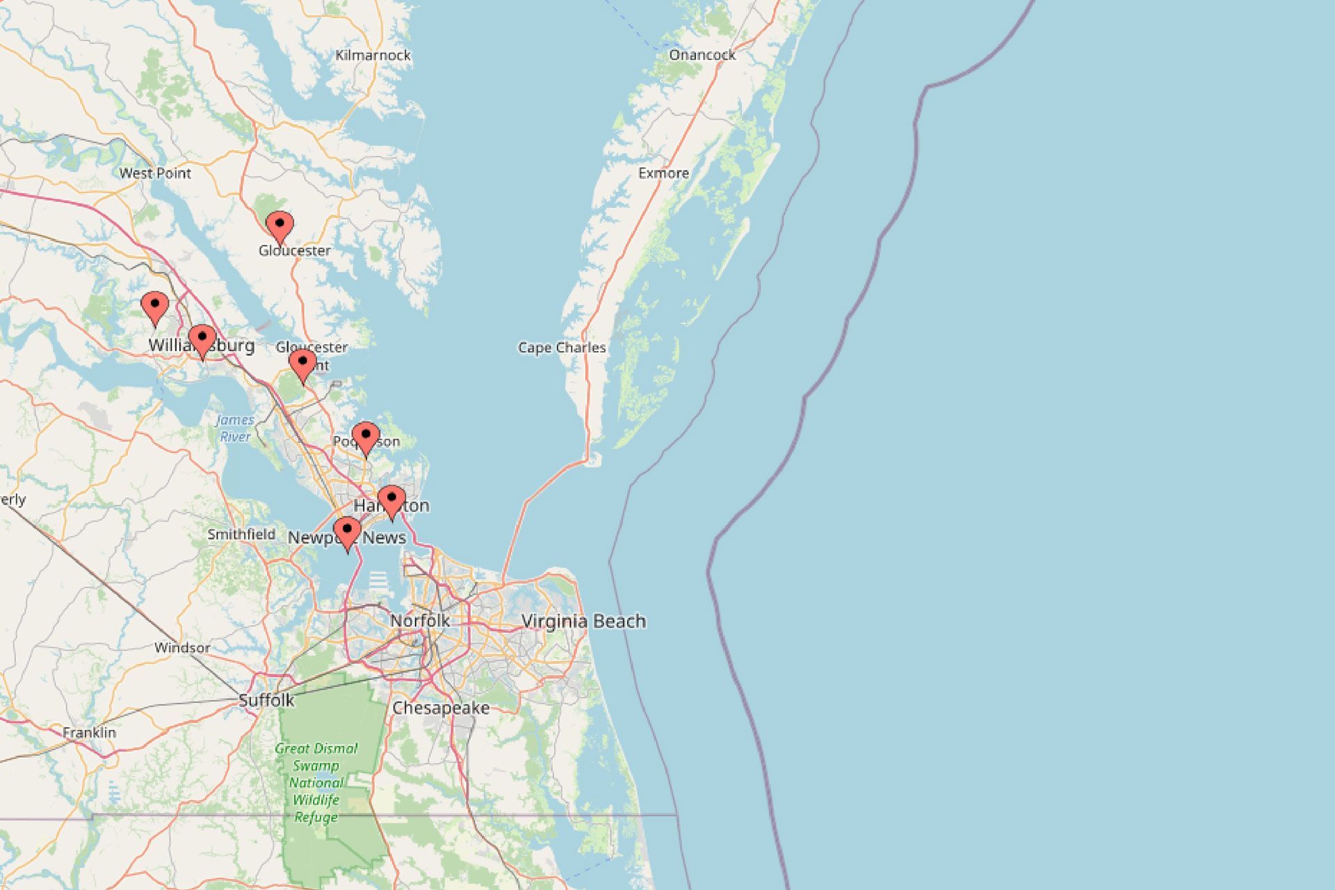 Map with red location markers around Virginia