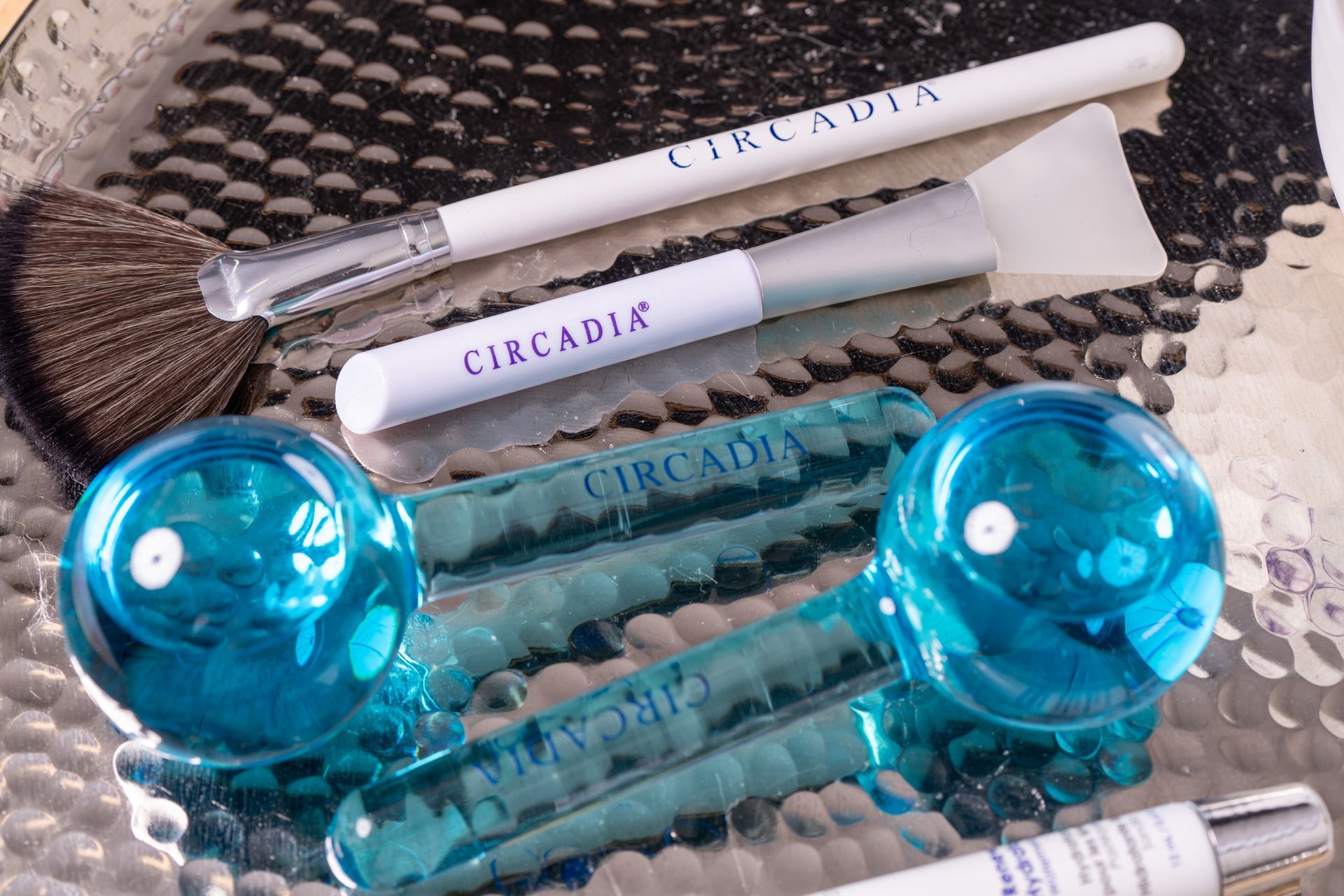 Circadia skincare tools: two facial massage globes, two applicator brushes, and a fan brush on a textured silver surface.