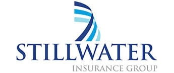 The logo for stillwater insurance group is blue and white.