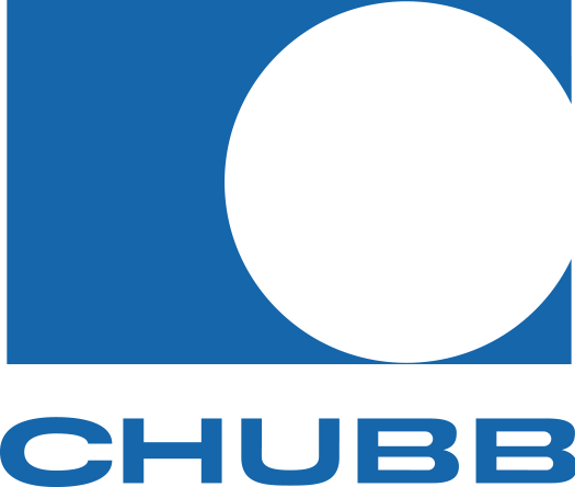 A blue and white chubb logo with a white circle in the middle