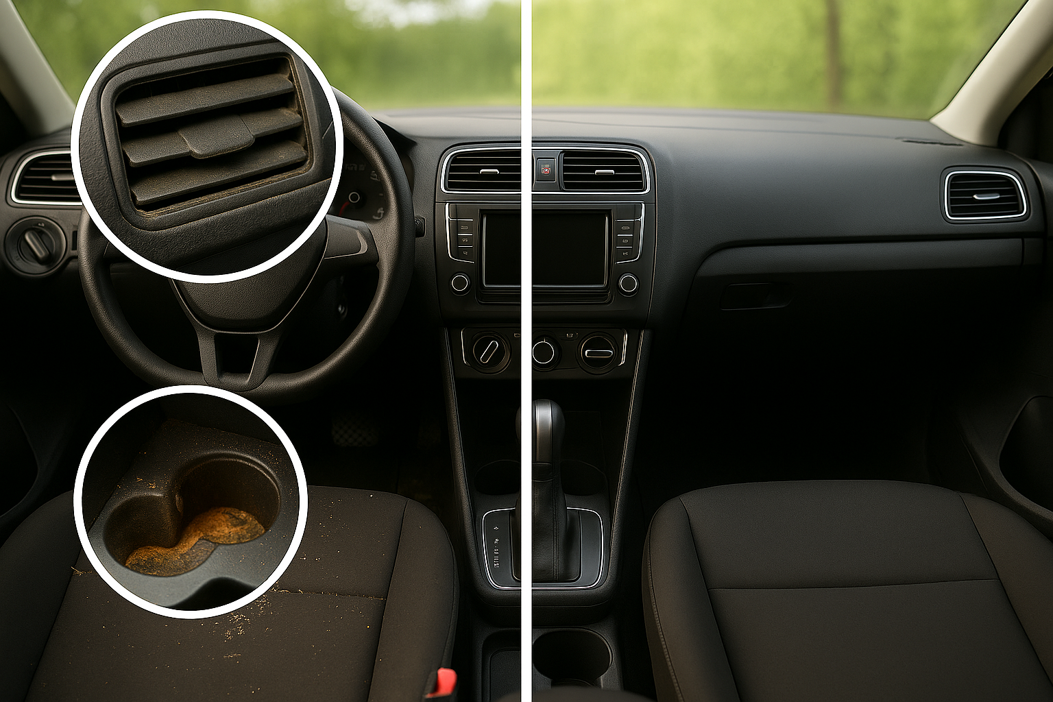 A before-and-after picture of the interior of a car.