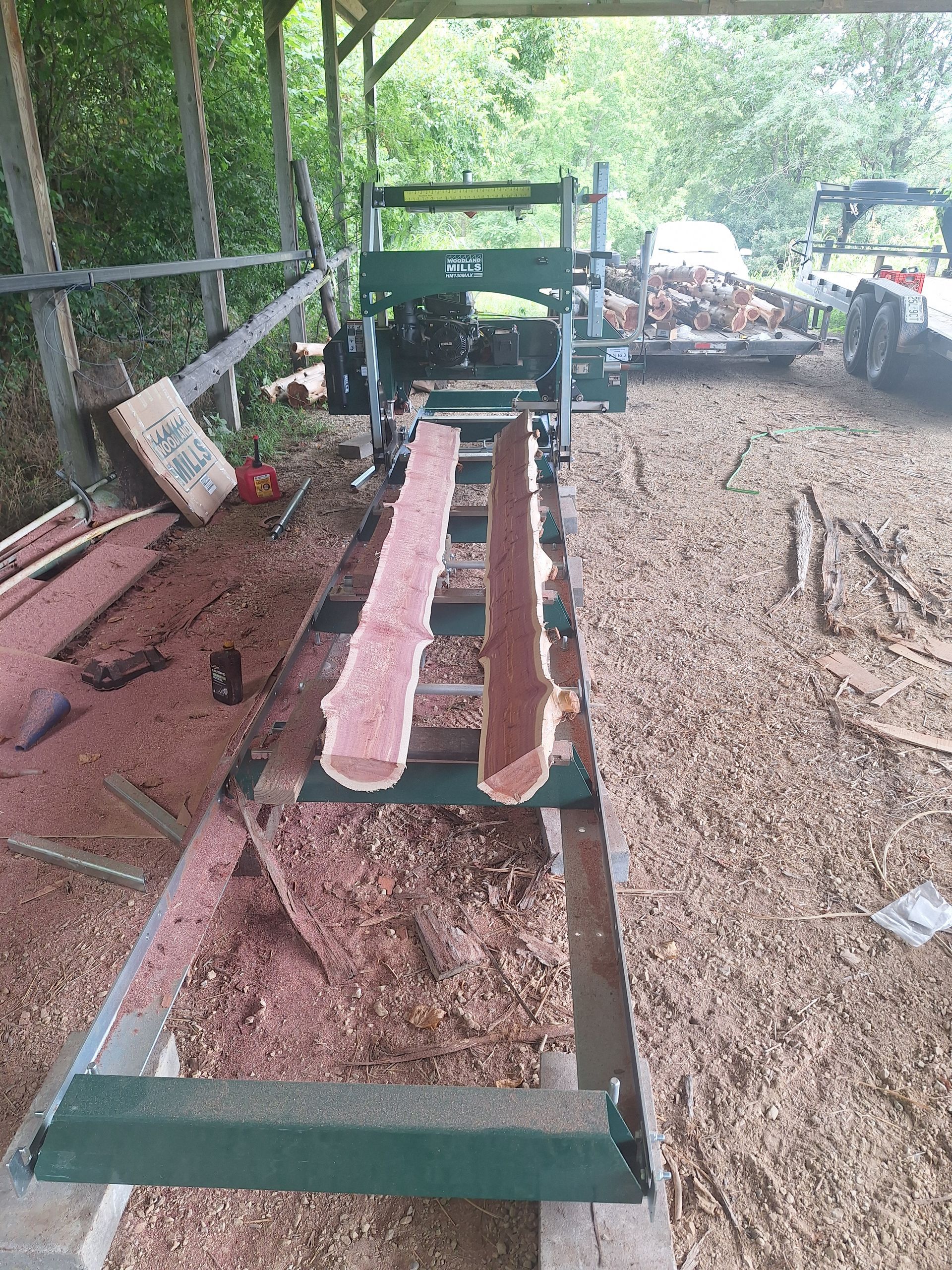 cedar log split in two by machinery