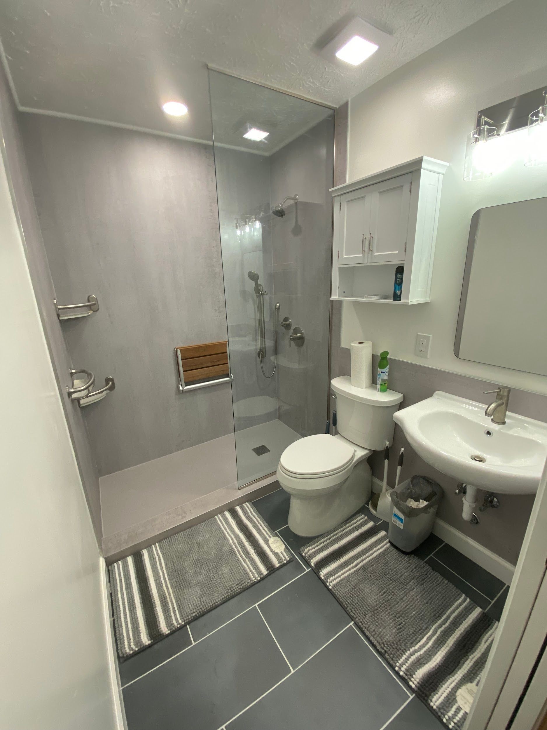A bathroom with a toilet , sink , and walk in shower.