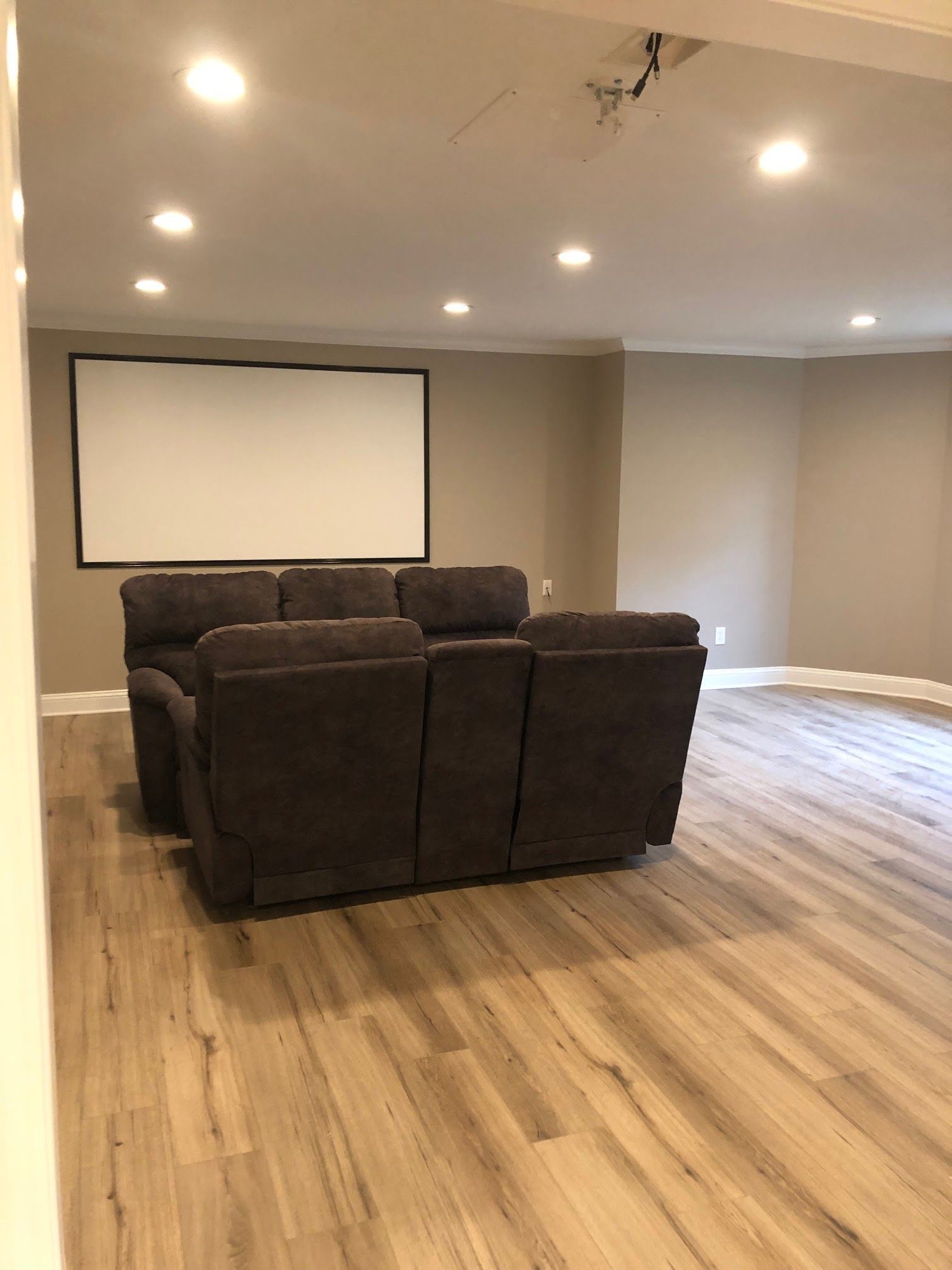 A living room with a couch and a projector screen.