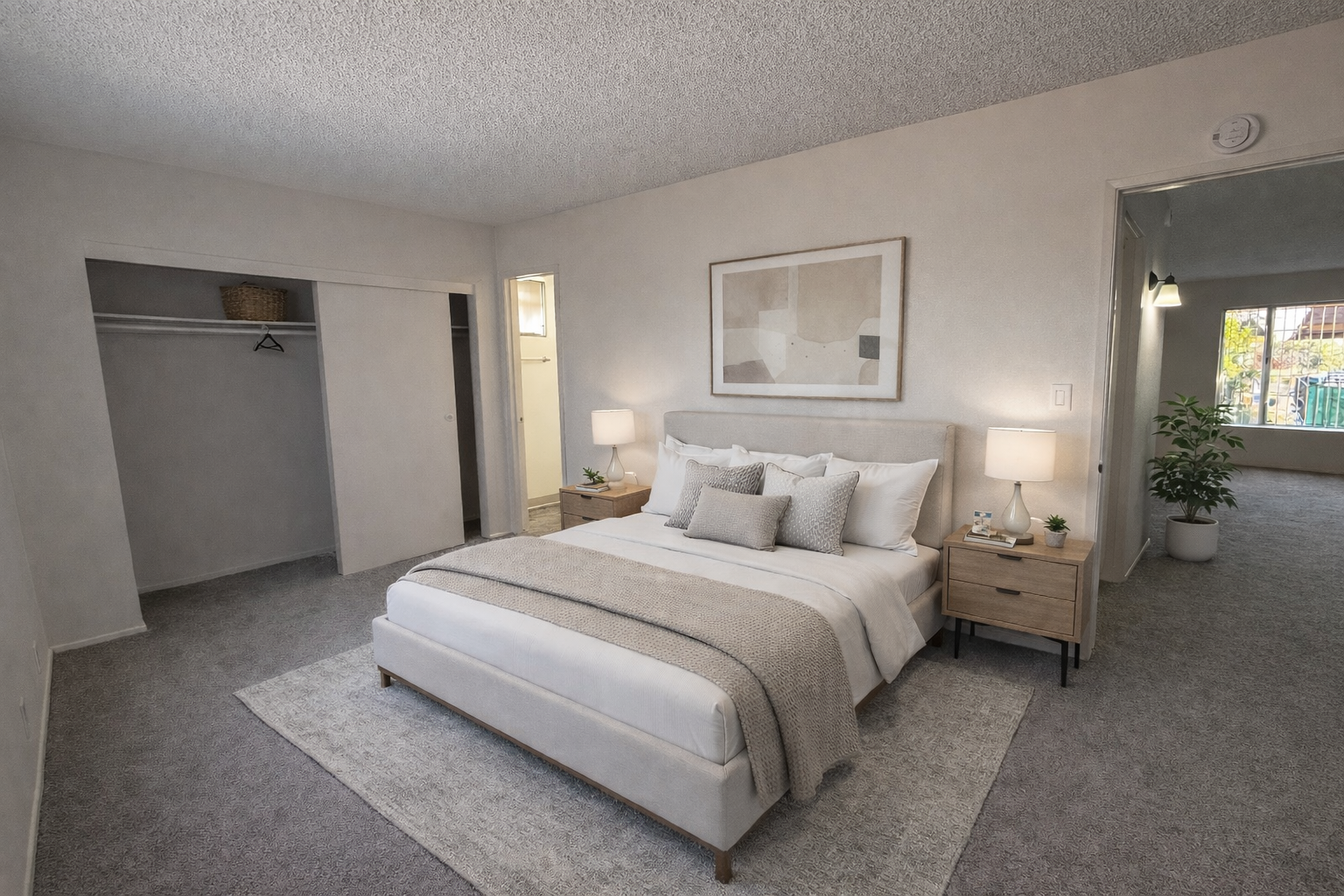 Bedroom with bed, nightstands, closet, and rug. Neutral colors; doorway to another room.