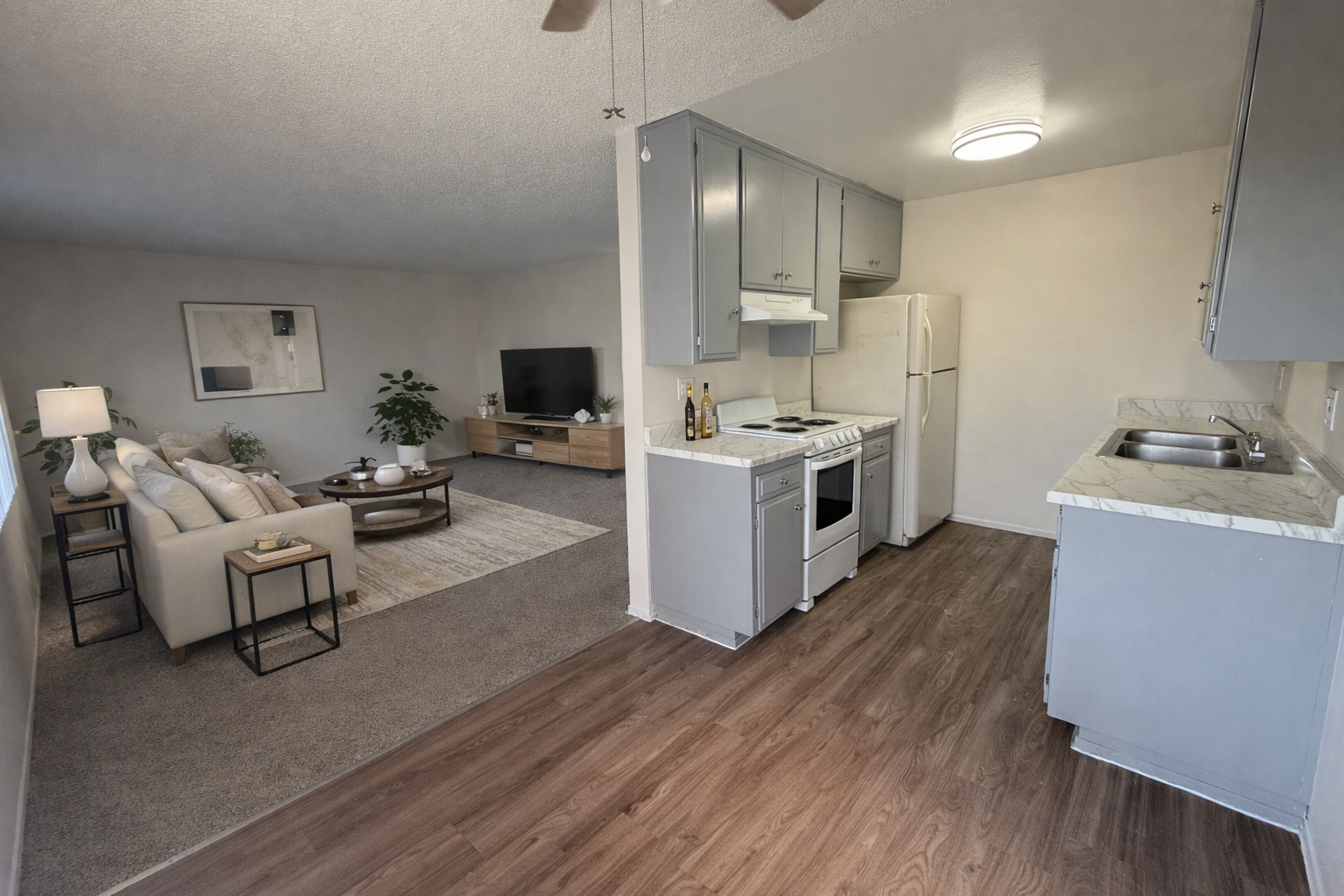 Open-concept apartment with gray cabinets, wood flooring, living area with sofa and TV.