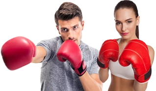 A man and a woman are wearing boxing gloves.