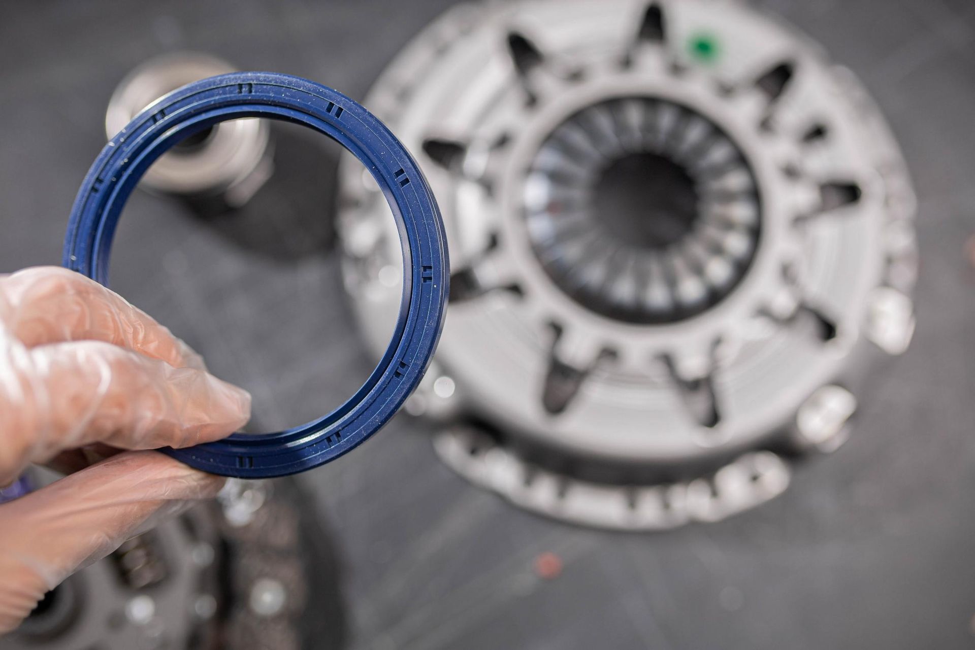 A Person is Holding a Blue Seal in Front of a Clutch Disc — Coffs Harbour Bearing Centre in Coffs Harbour, NSW