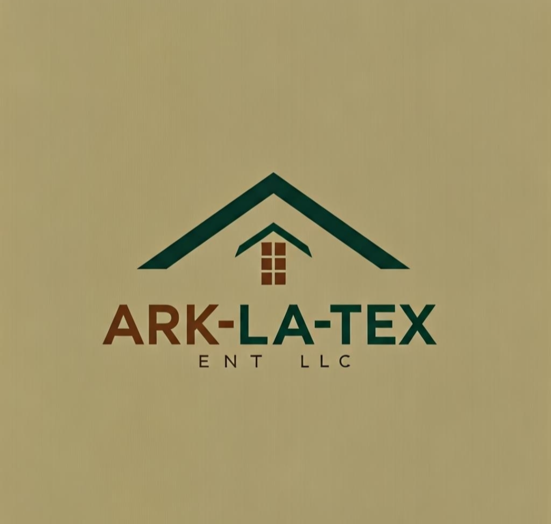 ARK-LA-TEX ENT LLC logo with teal roof icon and brown text on beige background
