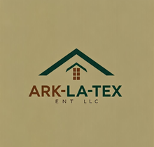 ARK-LA-TEX ENT LLC logo with teal roof icon and brown text on beige background