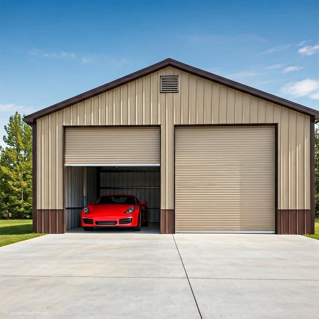 Tan metal garage with brown trim, two bays, red car inside open bay, concrete driveway, blue sky.