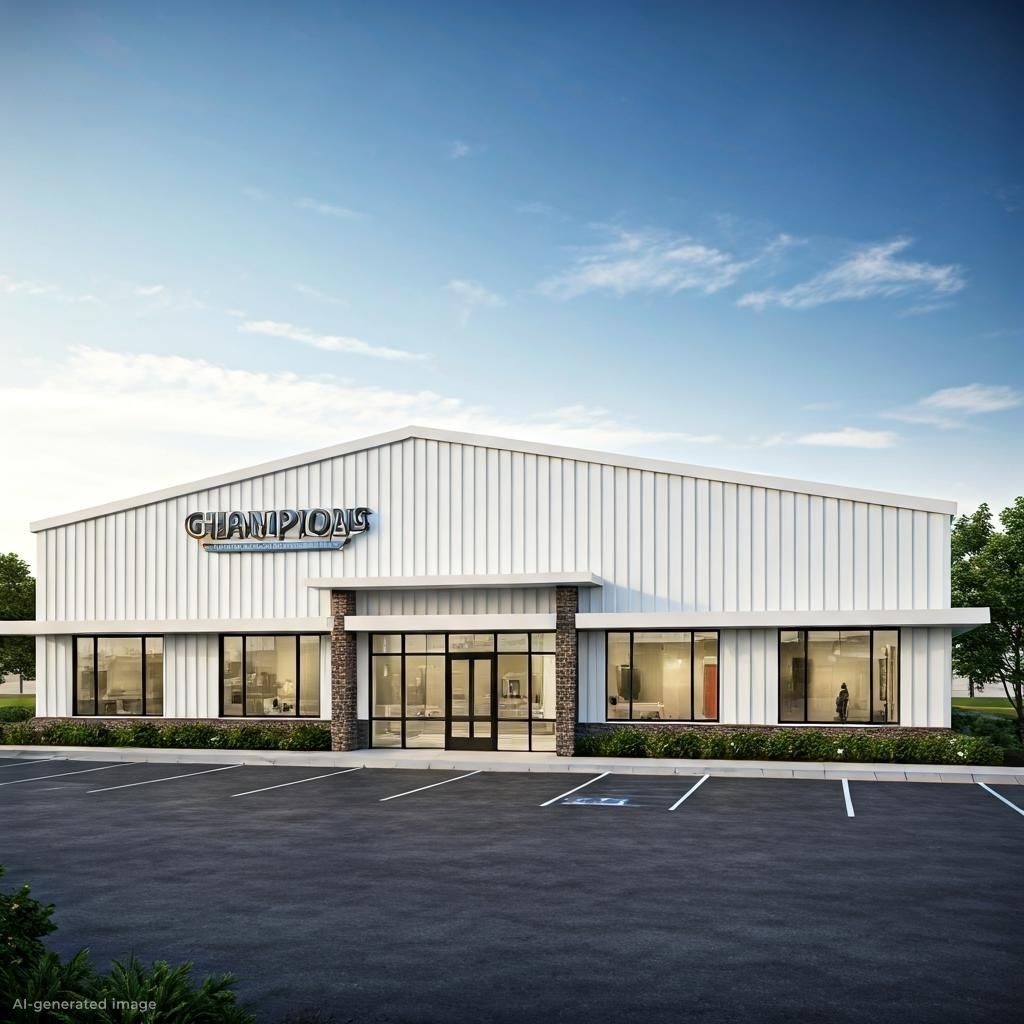 White commercial building with Griffin Moore sign. Exterior view with windows, parking lot, and blue sky.