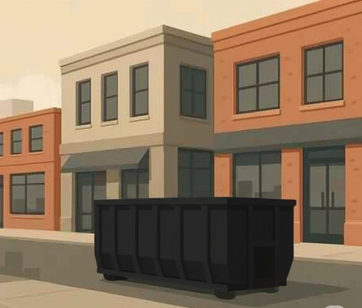 A black dumpster is parked in front of a row of buildings