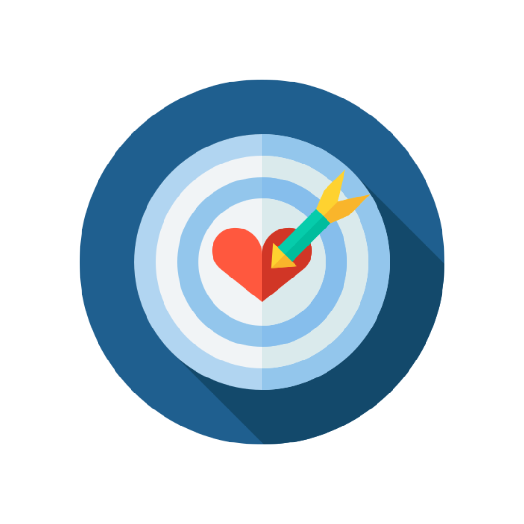 Corazón en el centro de un objetivo, con una flecha atravesándolo; colores azul, blanco, rojo y amarillo.