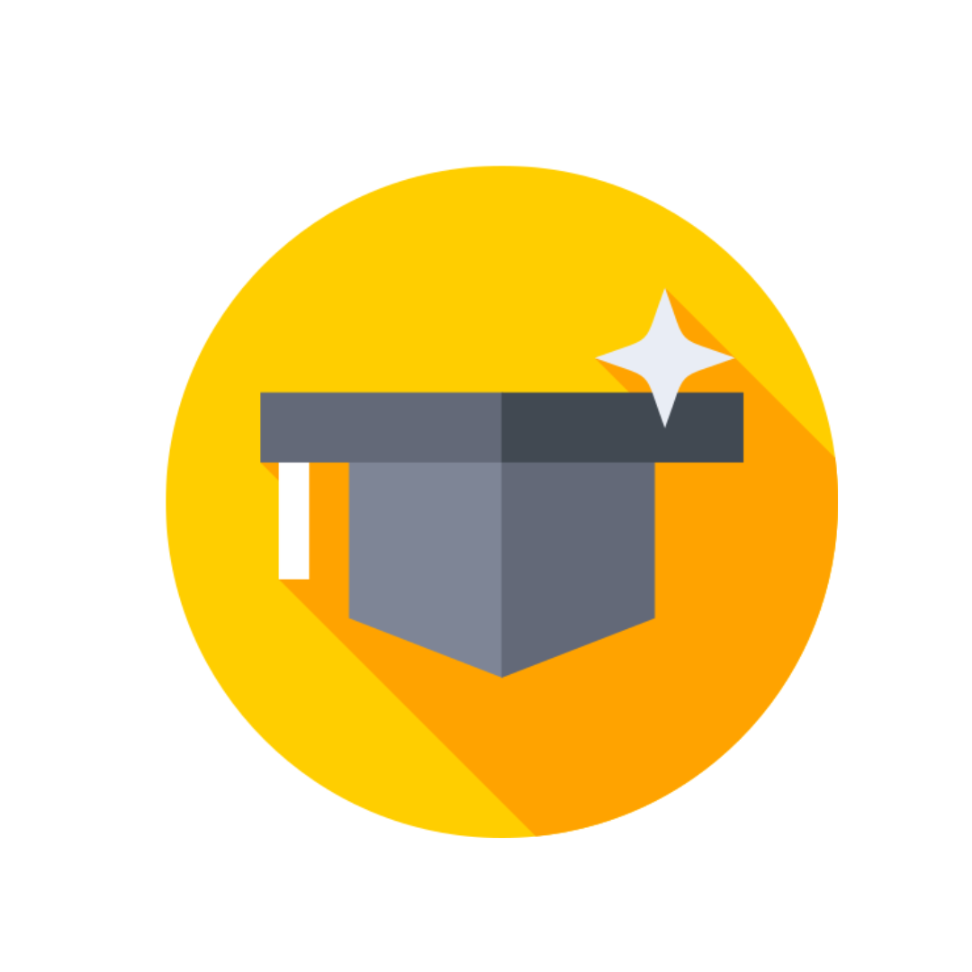 Ícono de gorro de graduación, gris con borla blanca y estrella brillante, fondo amarillo.