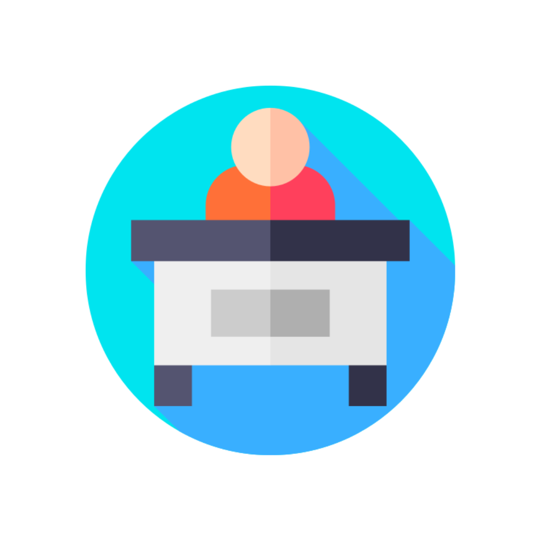 Icono de persona detrás de un escritorio, representado en un círculo turquesa.