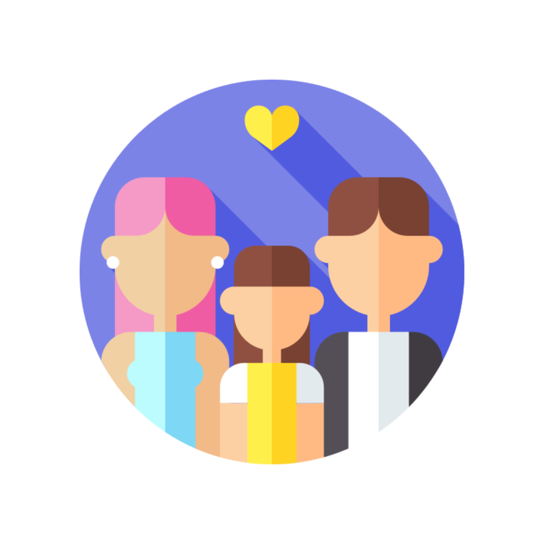 Familia de tres con una mujer de cabello rosa, un niño y un hombre de cabello castaño, con un corazón amarillo encima.