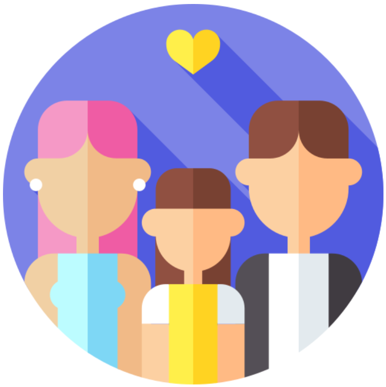 Familia de tres, madre con cabello rosa, padre con cabello castaño, niño en el medio, corazón arriba.