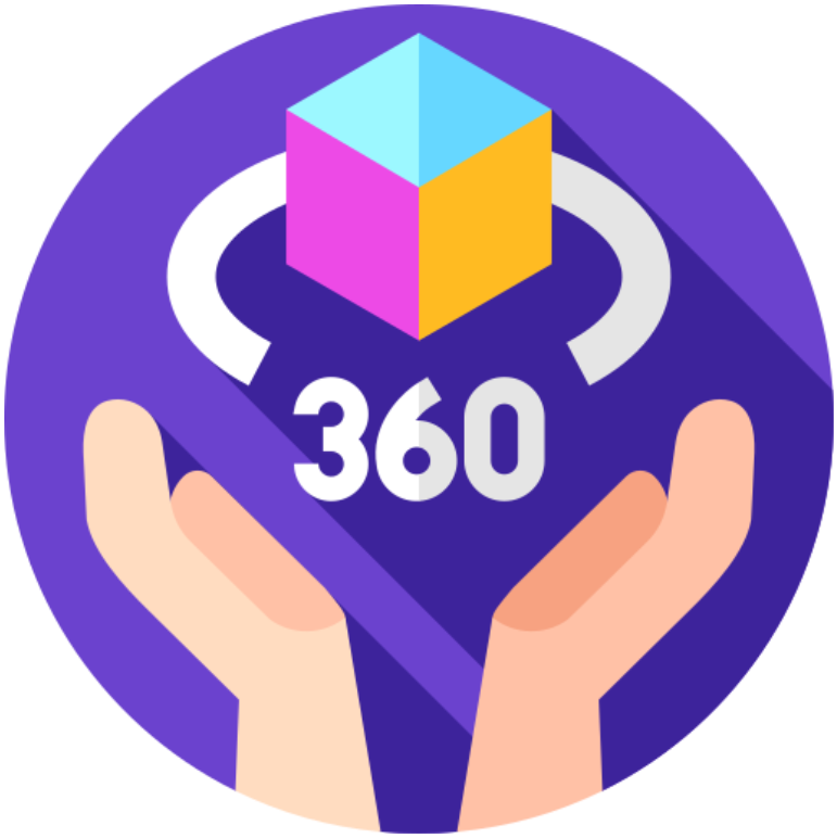 Manos ahuecando un cubo 3D que gira 360 grados; fondo morado.