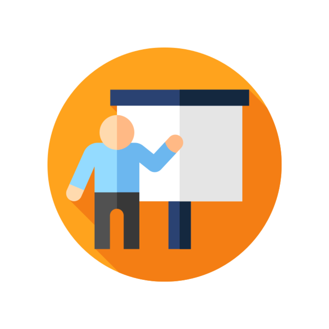 Persona dando una presentación en una pizarra, fondo de círculo naranja.