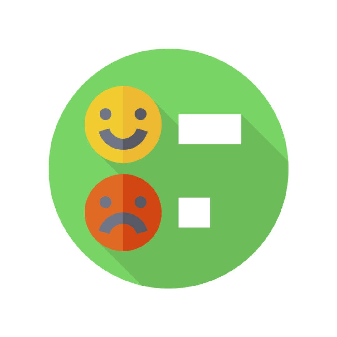 Encuesta de caritas sonrientes: emoticones felices y tristes con cuadros para respuestas, círculo verde.