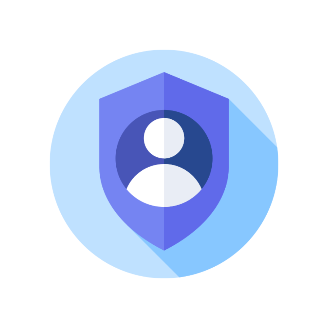 Ícono de persona dentro de un escudo, que representa privacidad y protección, dentro de un círculo azul.
