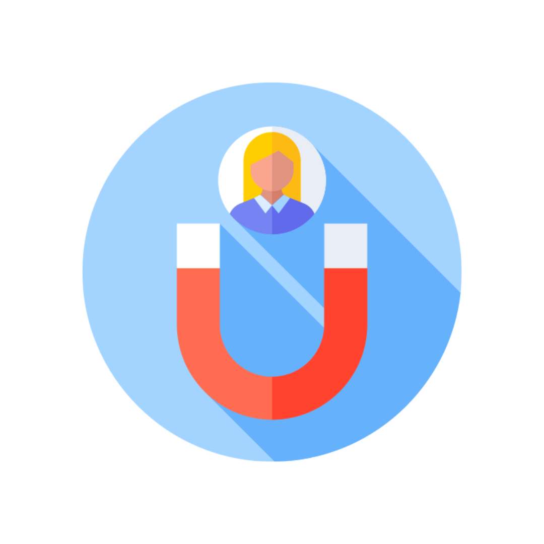 Persona dentro de imán rojo en forma de U; fondo azul claro, representa la captación de clientes.