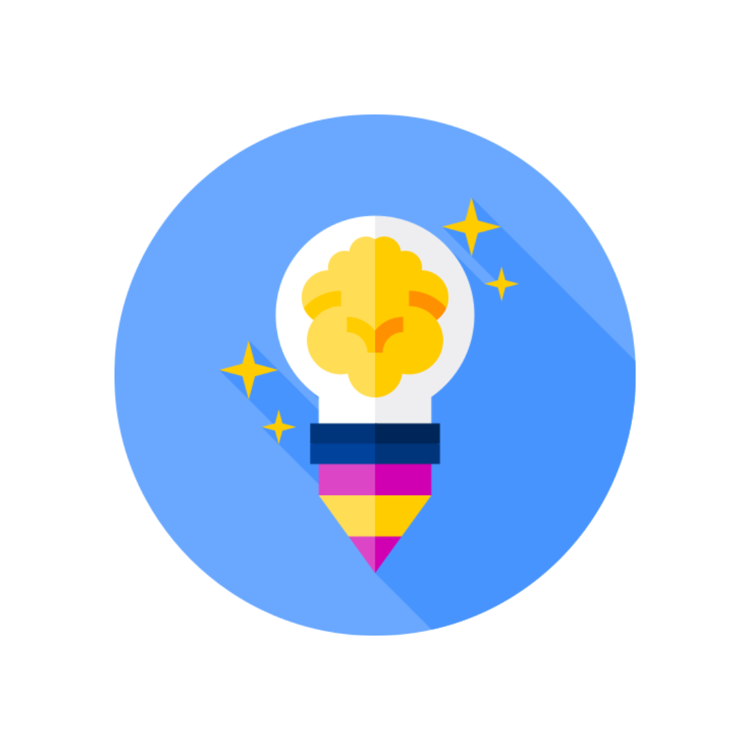 Una bombilla con un cerebro dentro, sobre un círculo azul. Estrellas amarillas y una base con forma de lápiz.