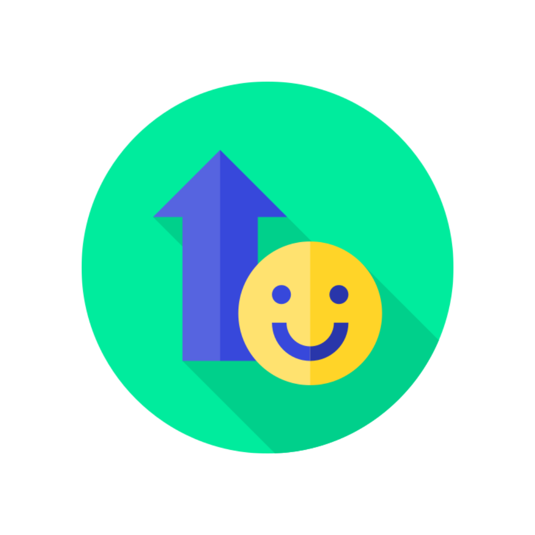 Un círculo verde con una flecha azul apuntando hacia arriba y una cara sonriente amarilla.