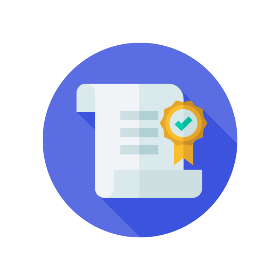 Icono de certificado con un sello dorado y una marca de verificación sobre un fondo azul.